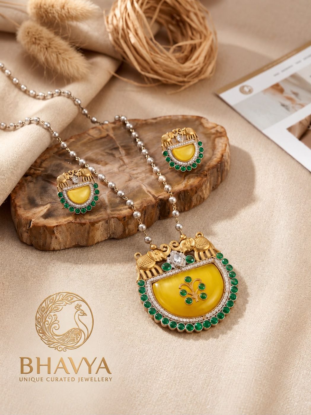 Meenakari Pendant Necklace (Yellow & Green)